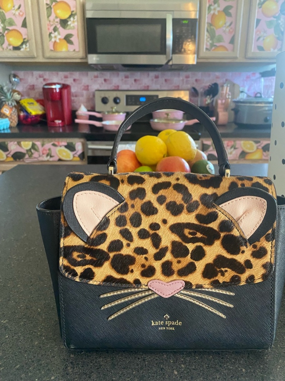 kate spade Black Leopard Cat Top-Handle Satchel with Pink Accents